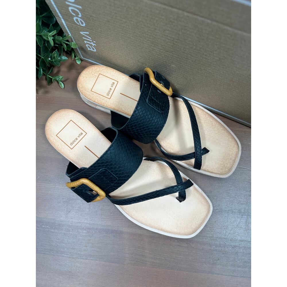 Dolce Vita Women's Perris Leather Buckle Thong Sandals Black Size 7.5